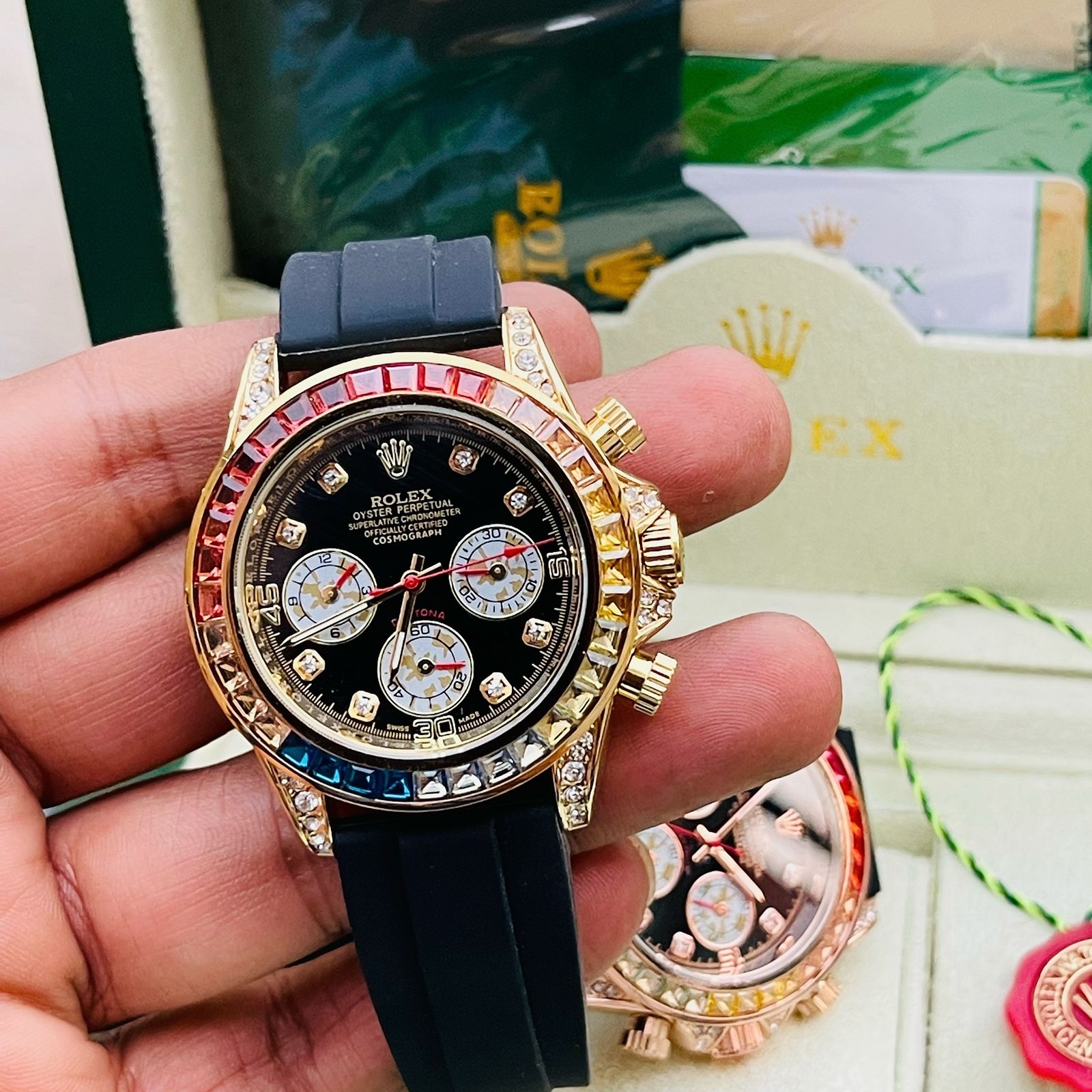 ساعة Rolex Daytona Rubber Strap Watch with Diamond Bezel