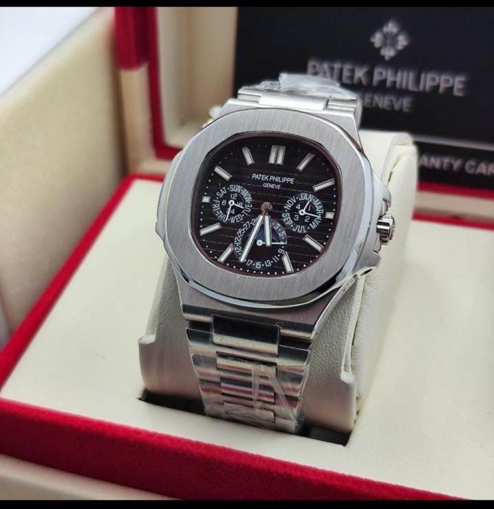 ساعة Patek Philippe Moonphase Watch اوستيك سليفر مينا أبيض-أسود