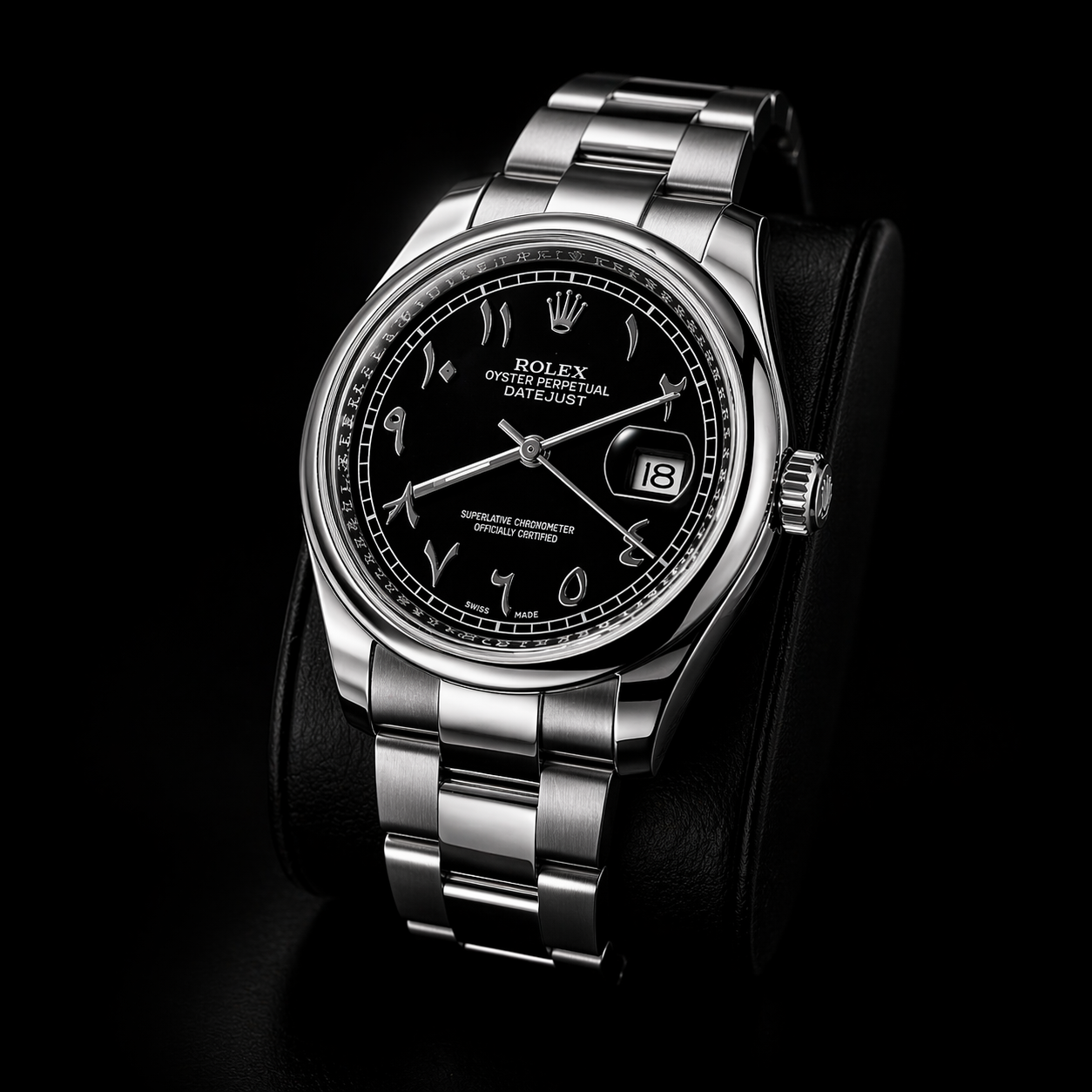 ساعة Rolex Arabic Numerals – Transparent Back with Date لون سيلفر ميناء اسود