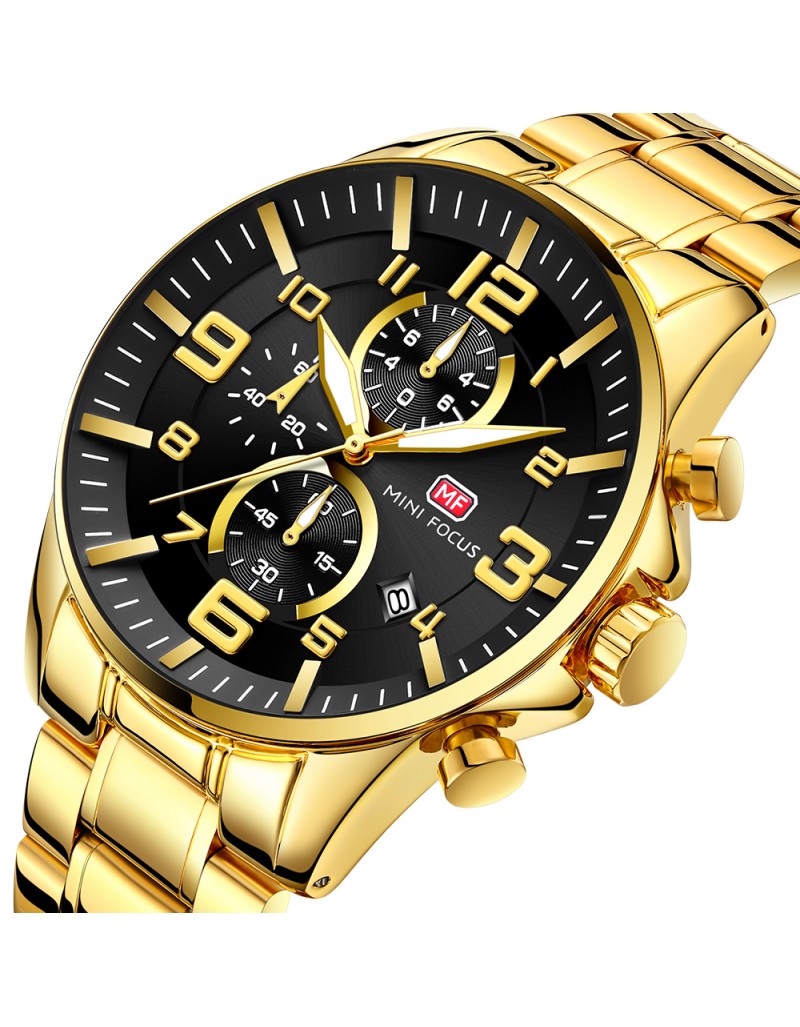 ساعة Mini Focus Gold Chronograph Watch لون جولد ميناء اسود عددات تعمل