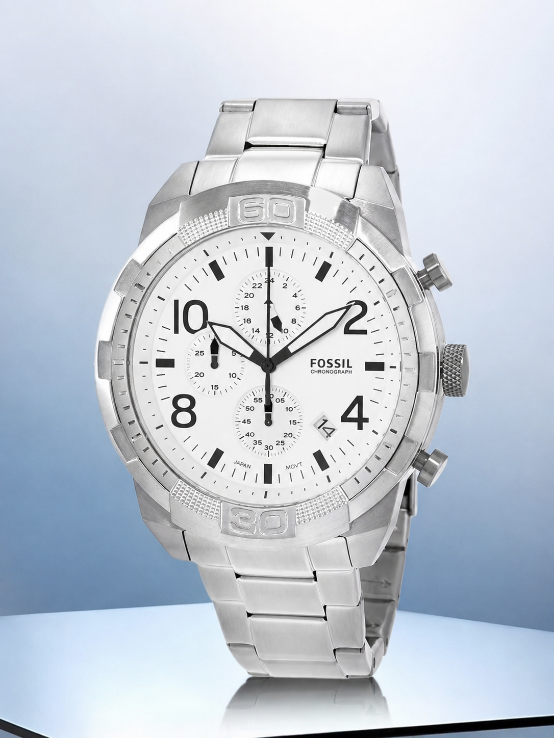ساعة Fossil 42mm Chronograph Watch – Metal Bracelet لون ابيض واسود واخضر