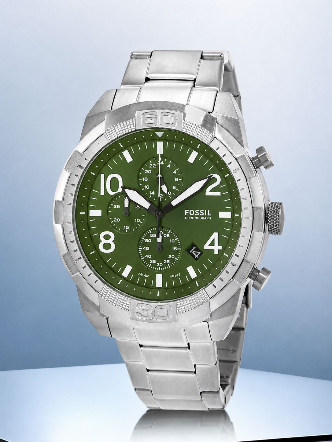ساعة Fossil 42mm Chronograph Watch – Metal Bracelet لون ابيض واسود واخضر